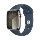 Smartwatch Apple Watch Series 9 (45 mm GPS + Cellular) avec boîtier en Acier Inoxydable Argent et Bracelet Sport Bleu Orage