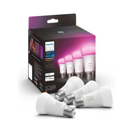 Philips Hue White & Color Ambiance - Pack de 4 ampoules connectées LED E27 60W, 800 lumens, contrôle Bluetooth