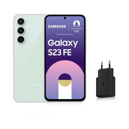 Smartphone Android Samsung Galaxy S23 FE 5G 256 Go avec  Chargeur secteur rapide 25W inclus - Vert d'eau, Version FR