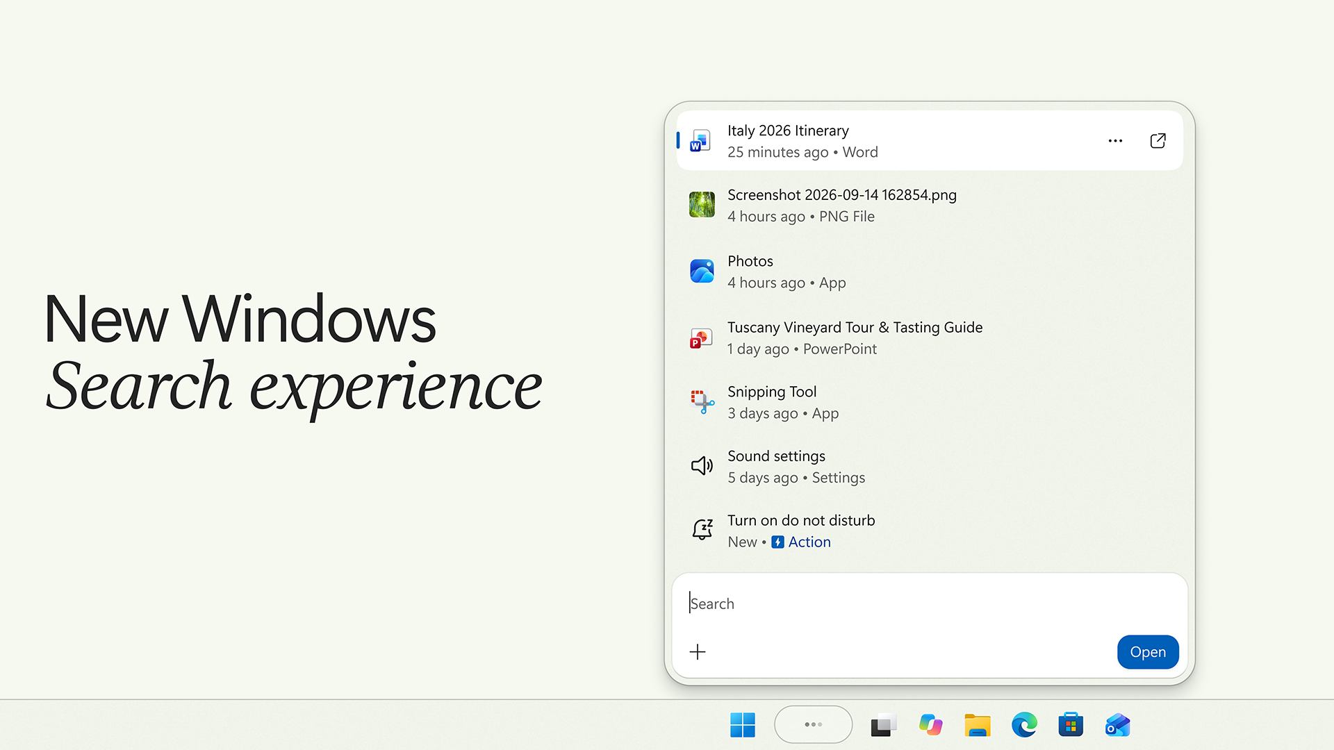 Capture officielle de la nouvelle recherche Windows, affichant applications, fichiers et une action intégrée.