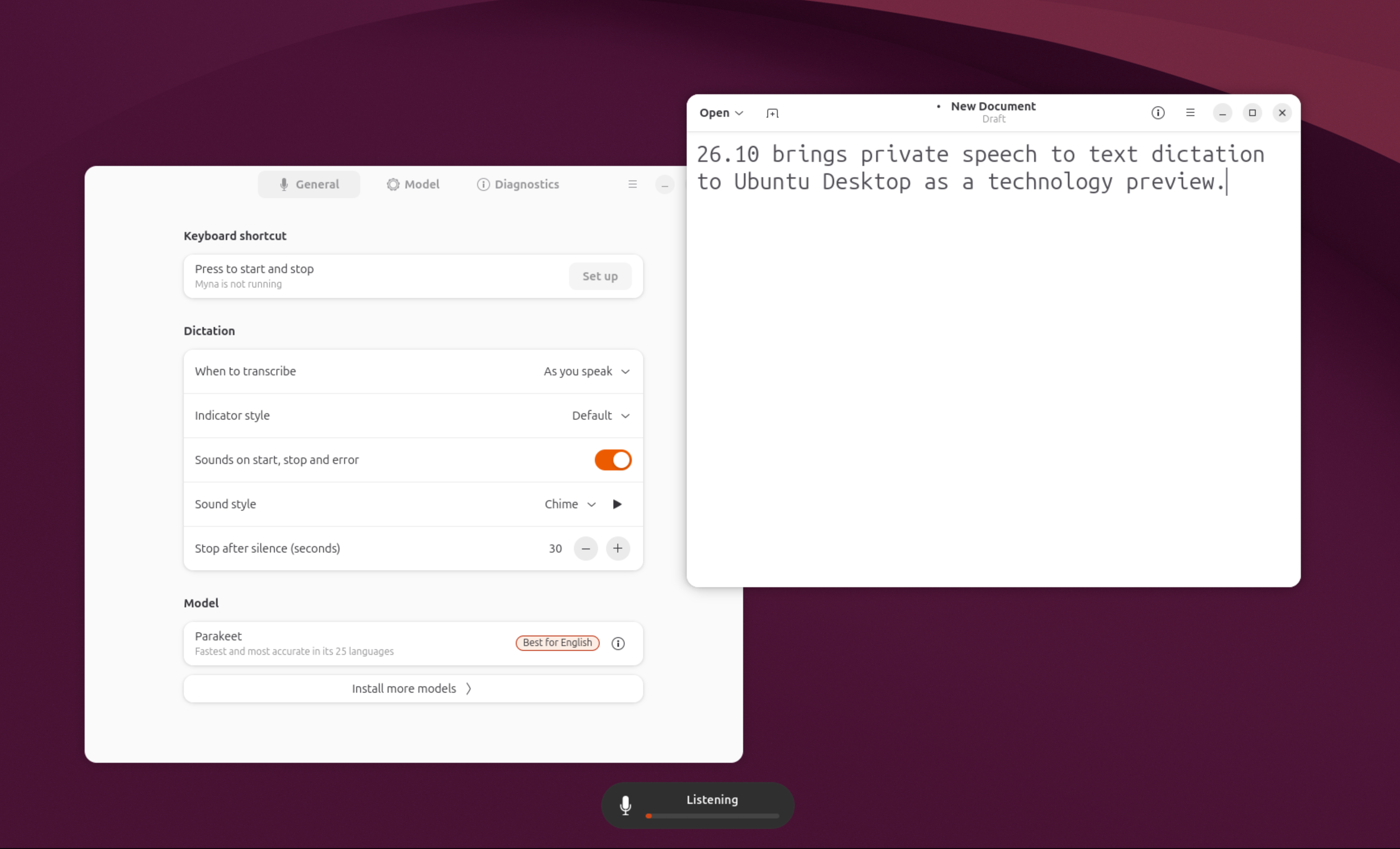 Démonstration officielle de Myna avec ses paramètres et du texte transcrit dans un éditeur.
