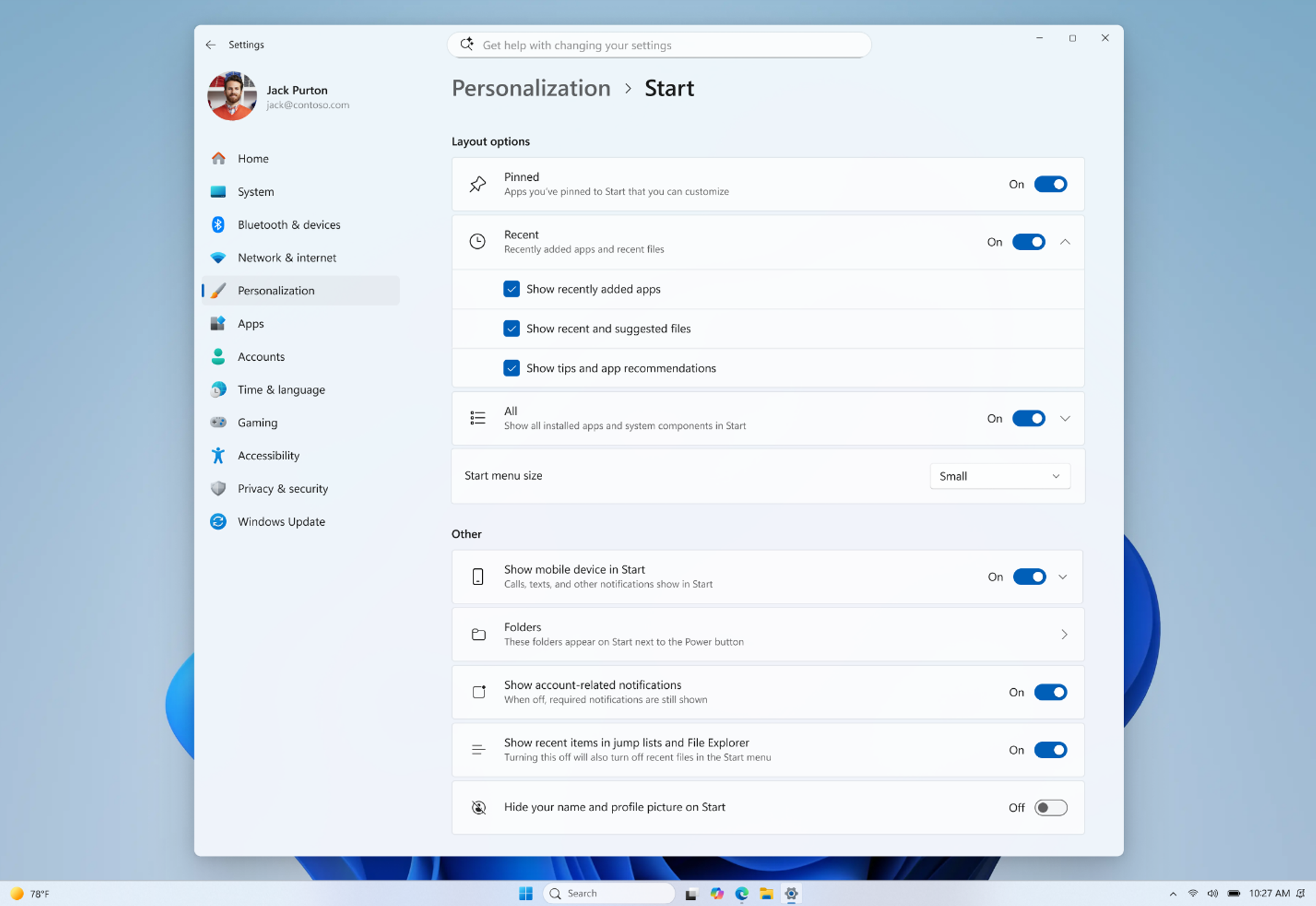 Capture officielle des réglages de personnalisation du menu Démarrer dans Windows 11.