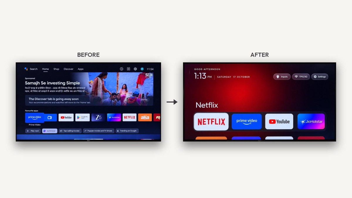 Comparaison publiée par Gathin : accueil d’origine avec publicité à gauche, lanceur épuré à droite.