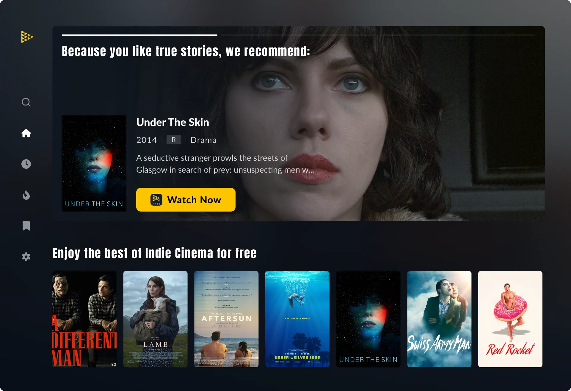Visuel officiel de l’interface américaine de JustWatch TV mettant en avant Under the Skin et une sélection de films.