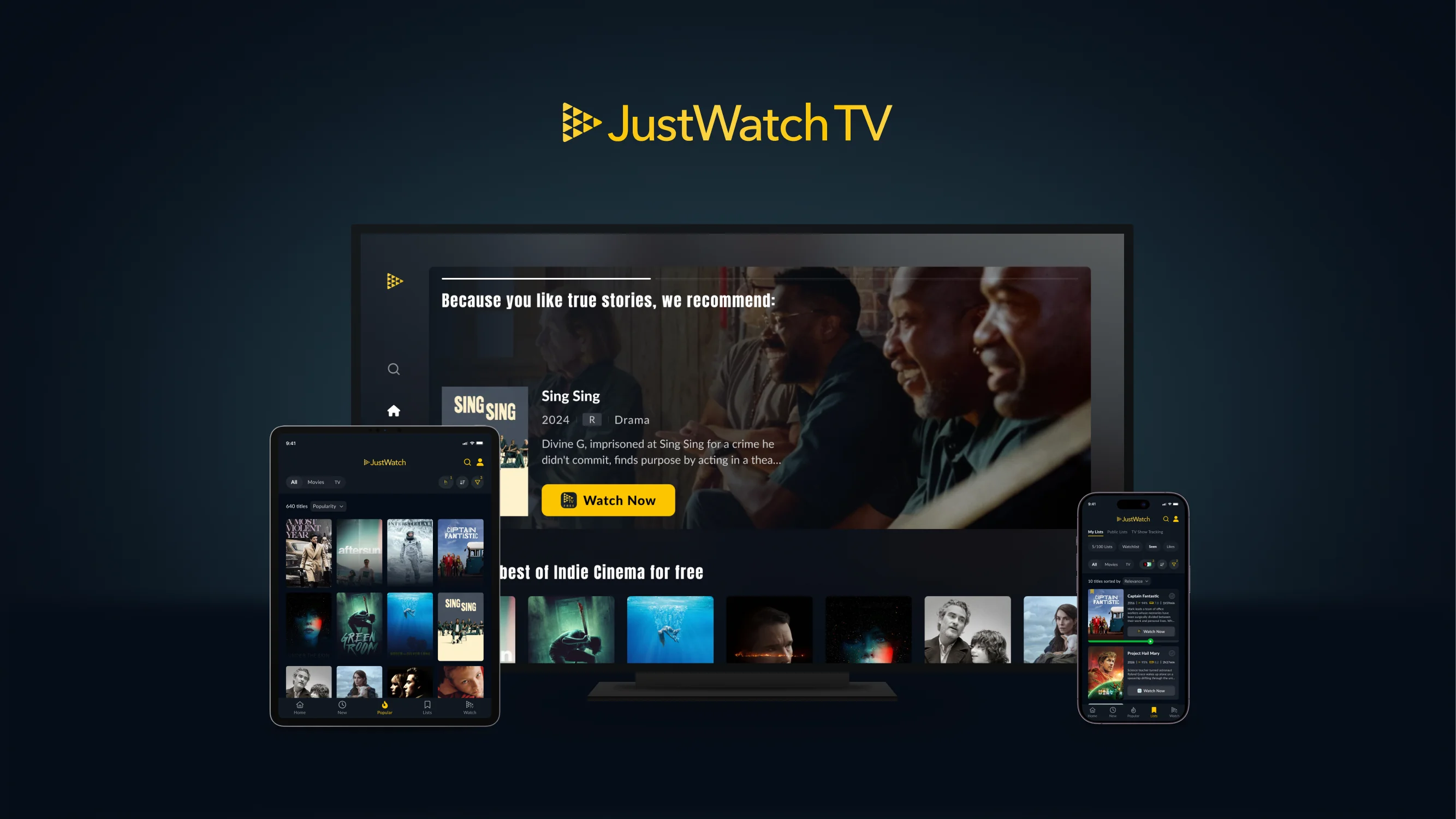 Visuel officiel JustWatch TV présentant le service sur téléviseur, tablette et téléphone.