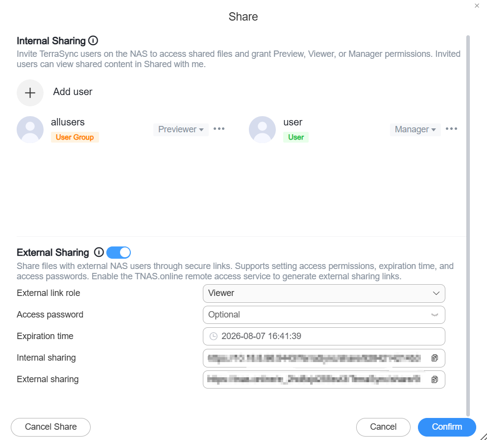 Capture officielle de la fonction de partage TerraSync dans la documentation TOS 7.