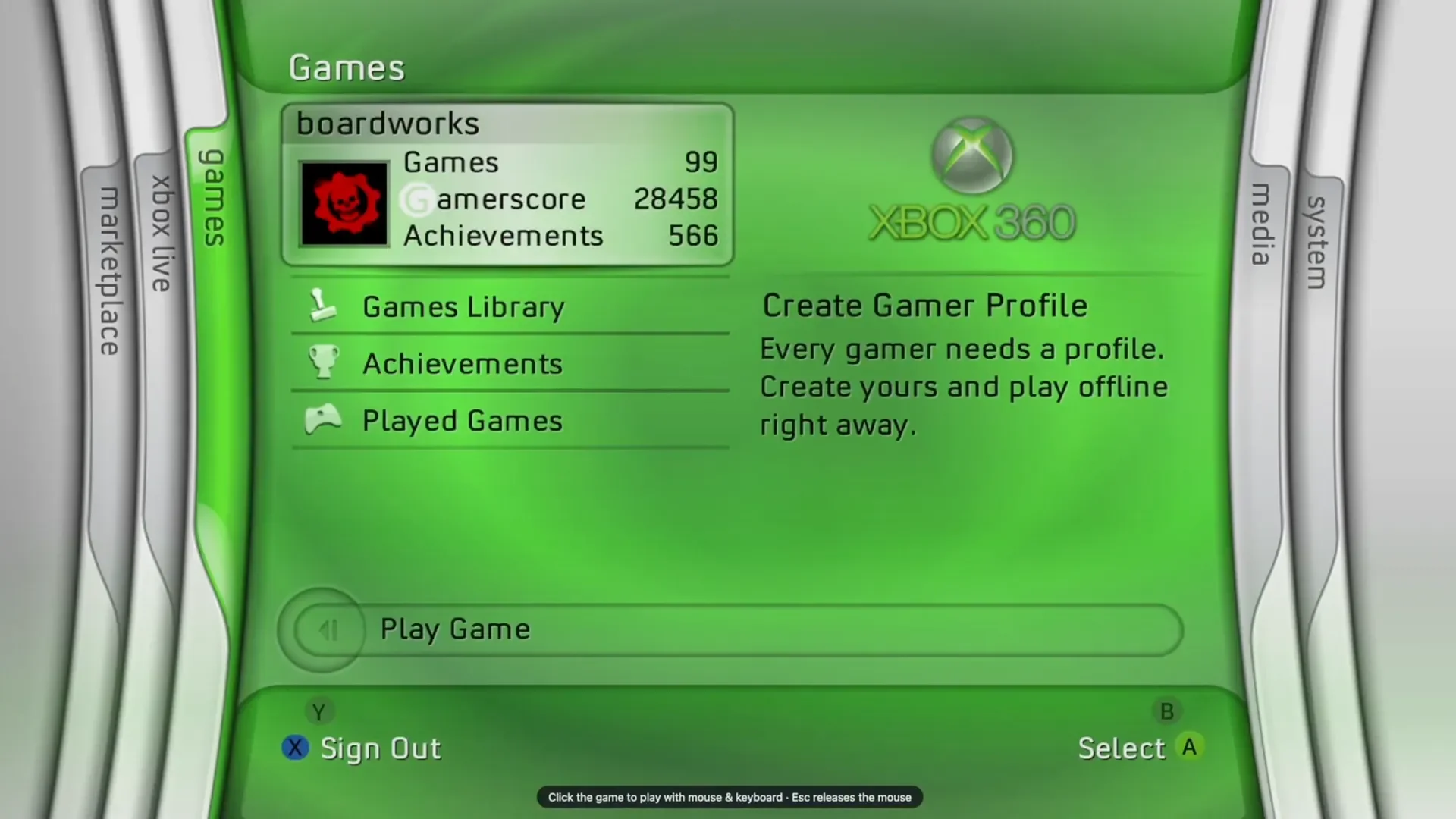 Interface Blades de la Xbox 360 avec son panneau Jeux vert et ses onglets argentés.