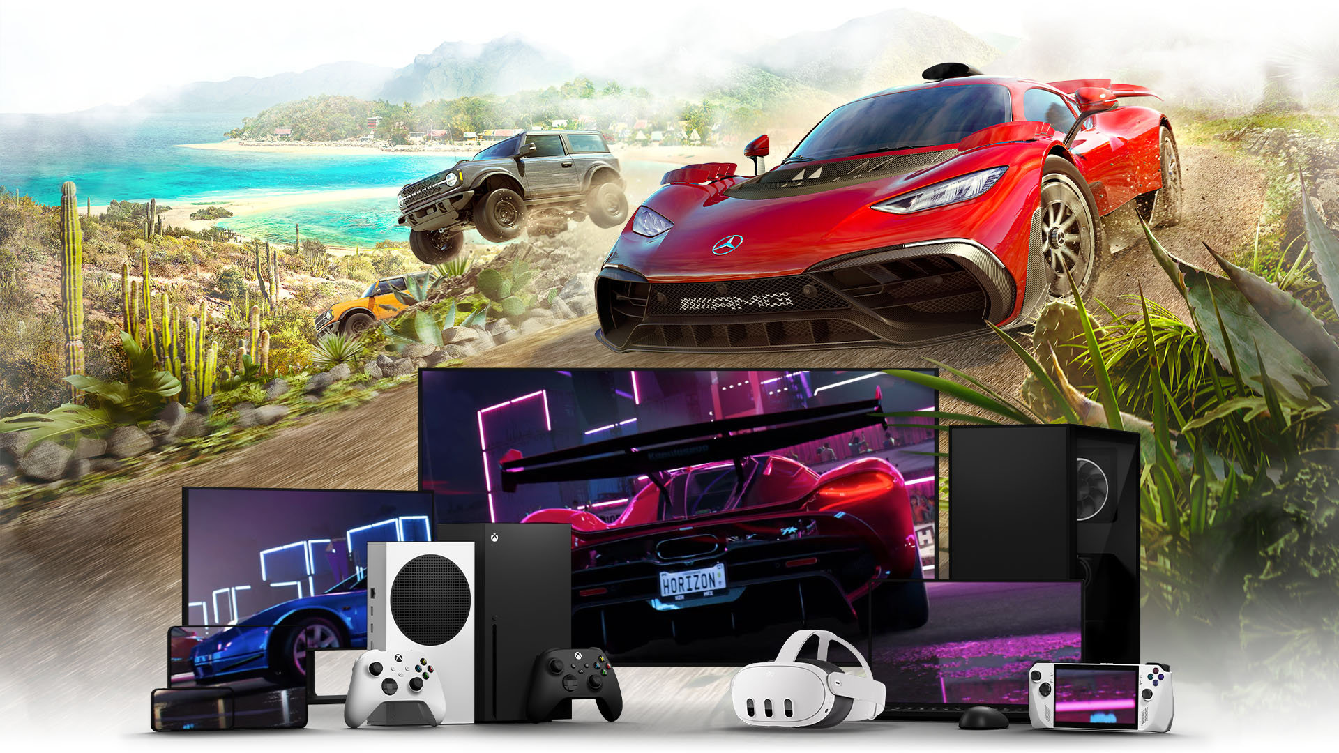 Visuel officiel Xbox présentant Forza Horizon 5 sur plusieurs écrans et appareils compatibles avec le cloud gaming.