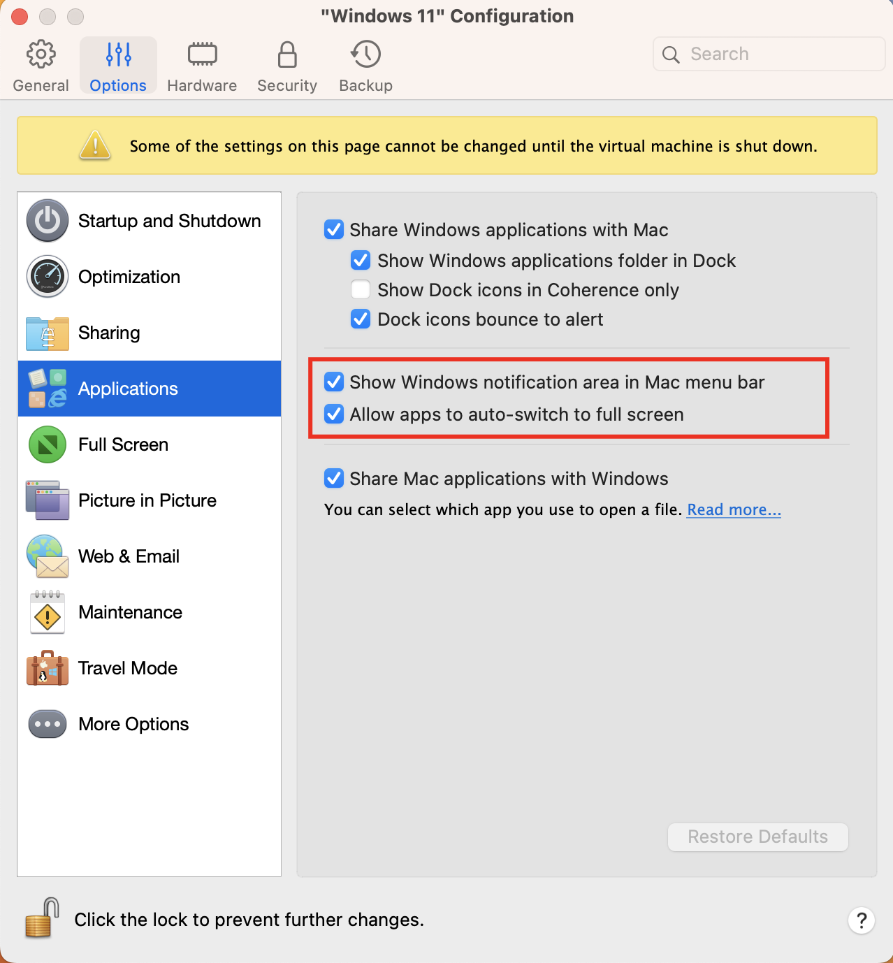 Capture officielle des réglages Applications d’une machine virtuelle Windows dans Parallels.