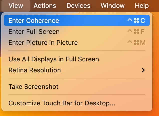 Capture officielle du menu Affichage de Parallels et de son option Enter Coherence.
