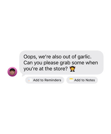Présentation officielle des suggestions Messages, avec les actions Ajouter aux rappels et Ajouter aux notes en anglais.
