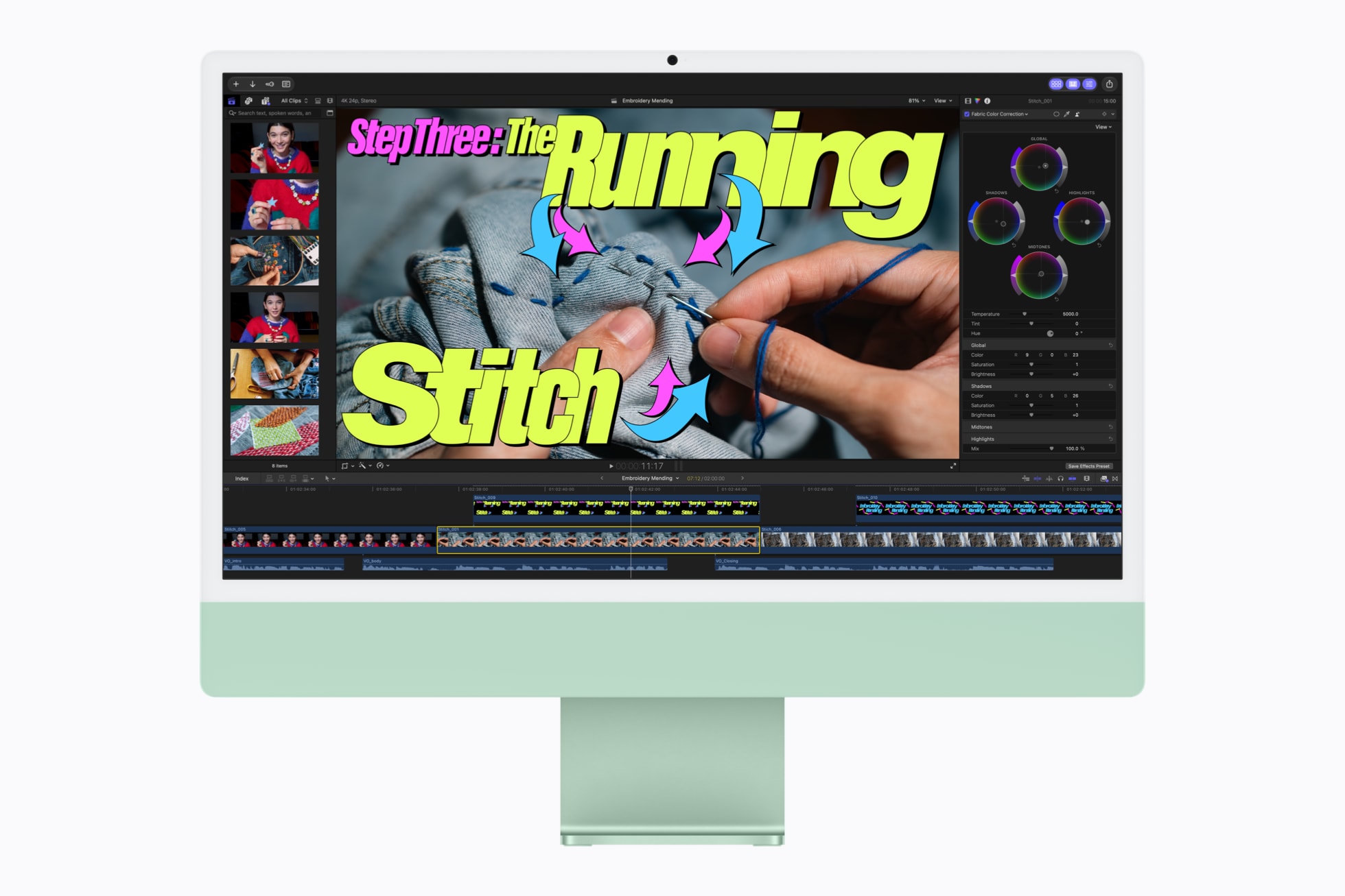 Un iMac M6 vert affiche un projet de montage vidéo dans Final Cut Pro.