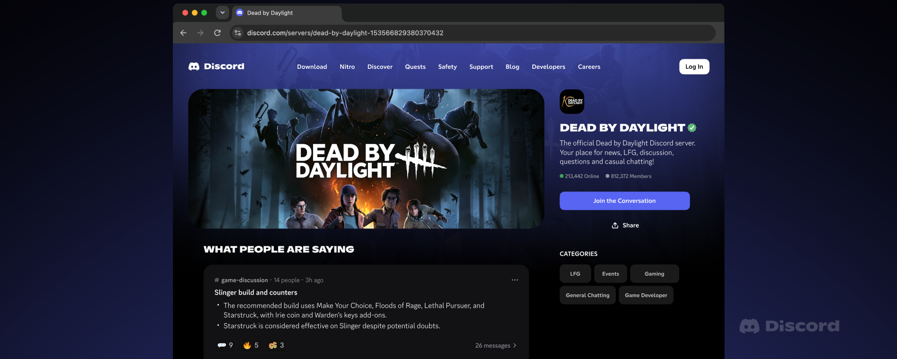 Exemple officiel de page Web du serveur Discord Dead by Daylight affichant un résumé de discussions.