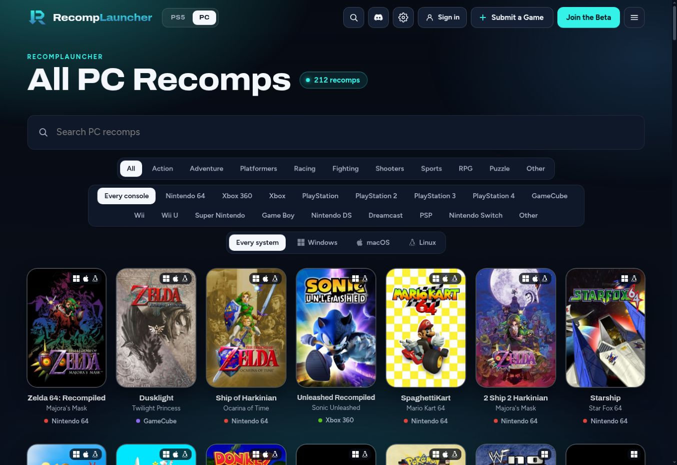 Catalogue All PC Recomps de RecompLauncher montrant 212 projets, les filtres et plusieurs jeux Zelda, Sonic et Mario Kart.