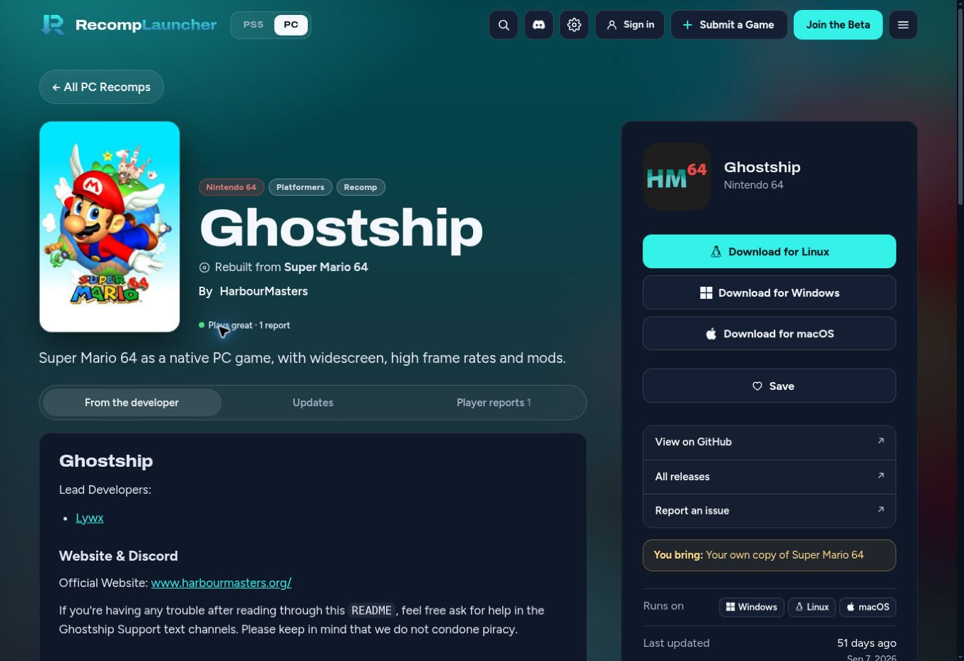 Fiche Ghostship, le portage communautaire de Super Mario 64, sur RecompLauncher.