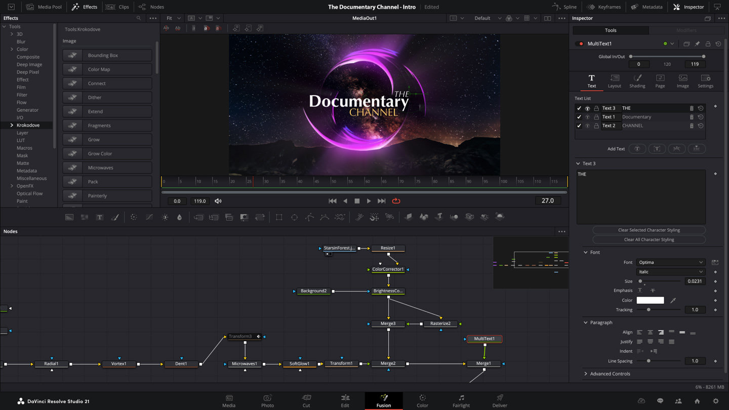 Interface officielle de la page Fusion de DaVinci Resolve 21