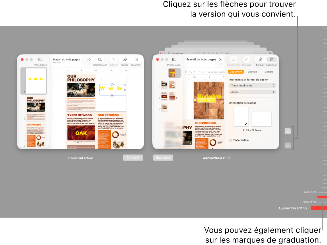 Capture officielle Apple du navigateur de versions de Pages : document actuel à gauche, versions antérieures à droite et chronologie sur le côté.