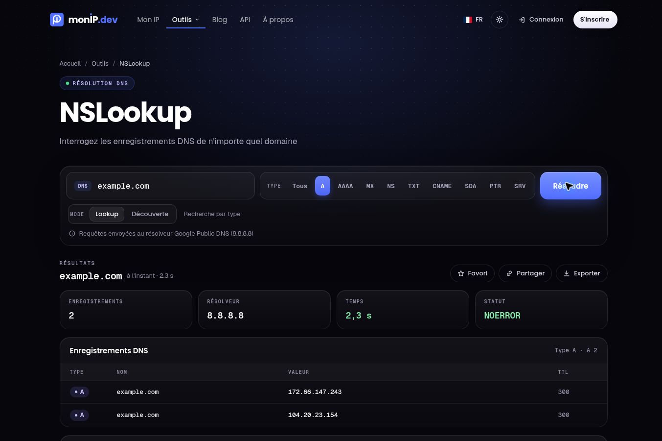Résultats de l’outil NSLookup de mon-ip.dev pour le domaine example.com.